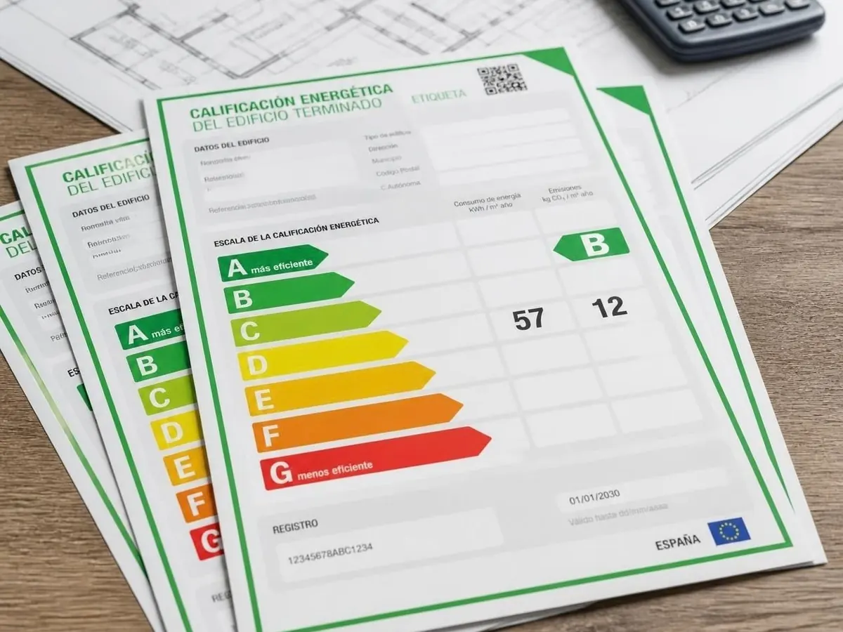 Etiquetas de calificación energética de un edificio sobre la mesa, junto a planos y una calculadora
